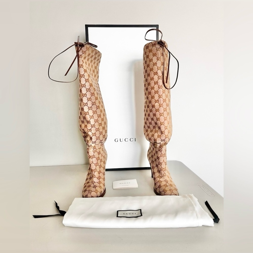 Gucci Beige GG Monogram Knee-High Boots - Picture 7 of 10